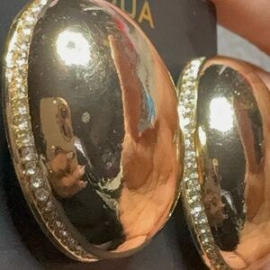 NWT Aqua Bloomingdale’s Bold Chunky Gold and Rhinestone Statement Post Earrings